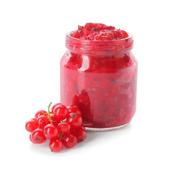Jar Tasty Red Currant Jam Berries White Background — Stock Photo, Image