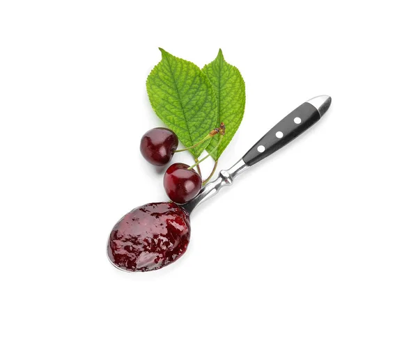 Spoon Tasty Cherry Jam White Background — Stock Photo, Image