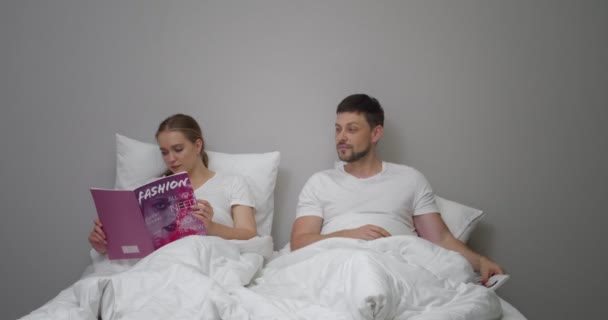 Man Flirts His Wife Bed She Angry Refuses Have Sex — Stock Video