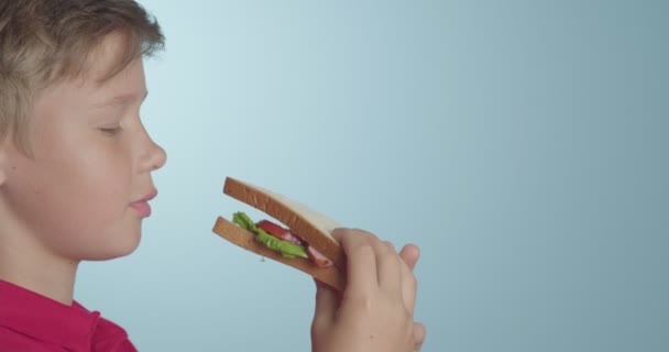 Niño Comiendo Sabroso Sándwich Sobre Fondo Color — Vídeos de Stock