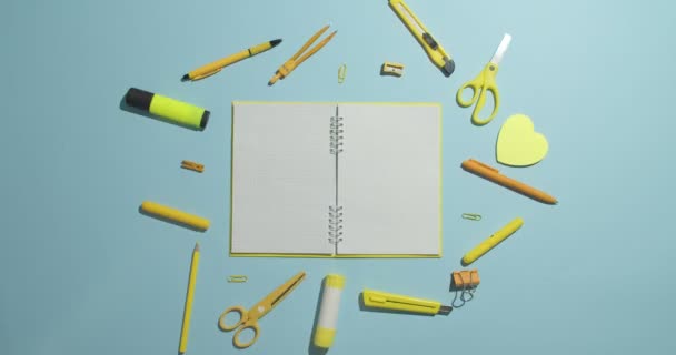 Many School Supplies Color Background Video Stop Motion Effect — Stock Video