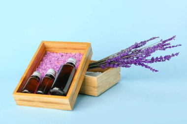 Lavanta şişeleri ile bileşim temel yağ, deniz tuzu ve çiçek renk arkaplan