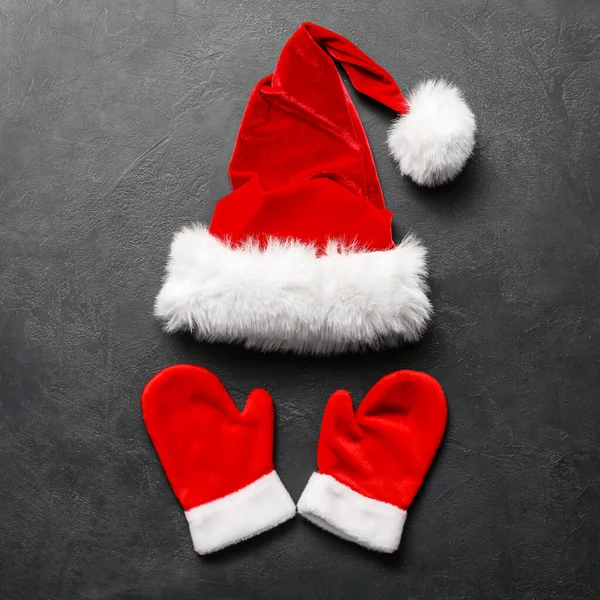 Santa Claus Hat Mittens Dark Background — Stock Photo, Image
