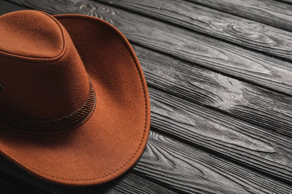 Stylish Cowboy Hat Dark Wooden Background Closeup — Stock Photo, Image