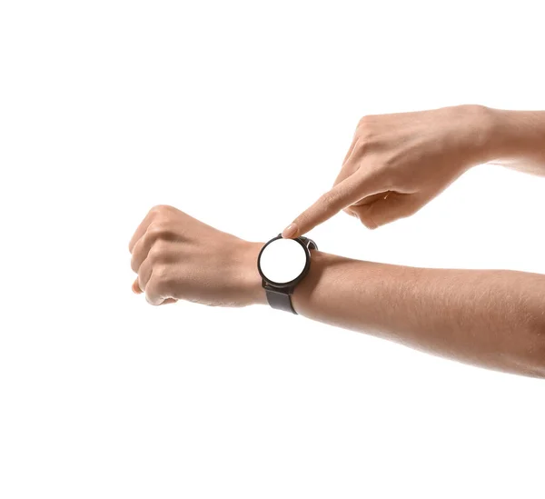 Mujer Comprobando Smartwatch Sobre Fondo Blanco — Foto de Stock