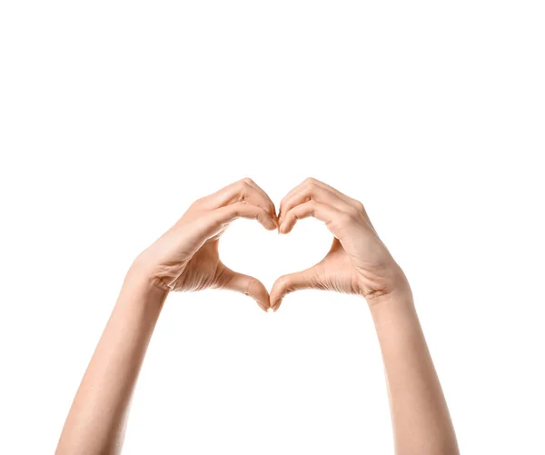 Mulher Fazendo Forma Coração Com Mãos Fundo Branco — Fotografia de Stock