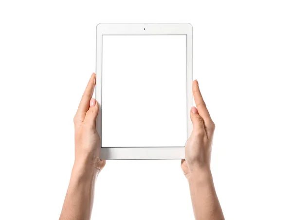 Woman Tablet Computer White Background — Stock Photo, Image