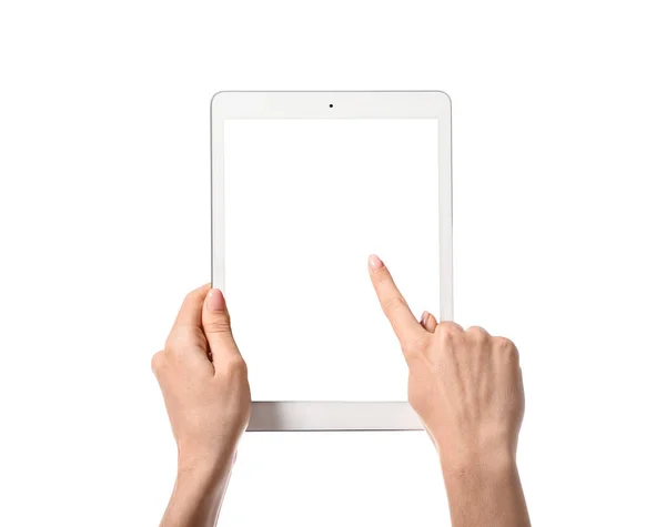 Woman Using Tablet Computer White Background — Stock Photo, Image