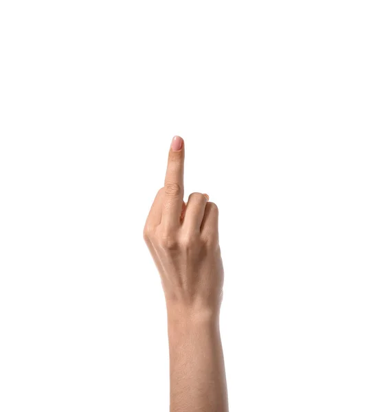 Mulher Mostrando Dedo Médio Fundo Branco — Fotografia de Stock
