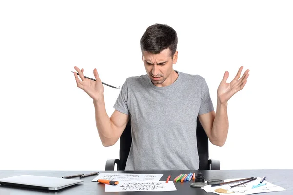 Calígrafo Masculino Trastornado Sobre Fondo Blanco — Foto de Stock