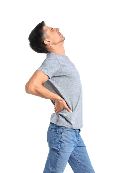 Young Man Suffering Back Pain White Background — Stock Photo, Image