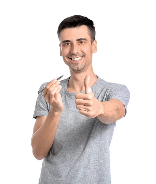 Jovem Calígrafo Masculino Com Caneta Mostrando Polegar Para Cima Fundo — Fotografia de Stock