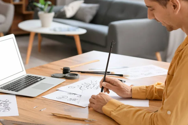 Young Male Calligrapher Working Home — Stock Photo, Image