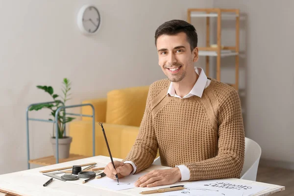 Young Male Calligrapher Working Office — Stock Photo, Image