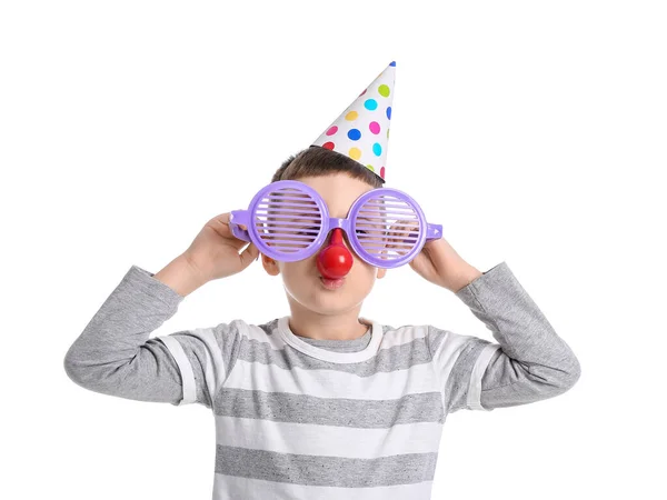 Little Boy Funny Disguise White Background — Stock Photo, Image