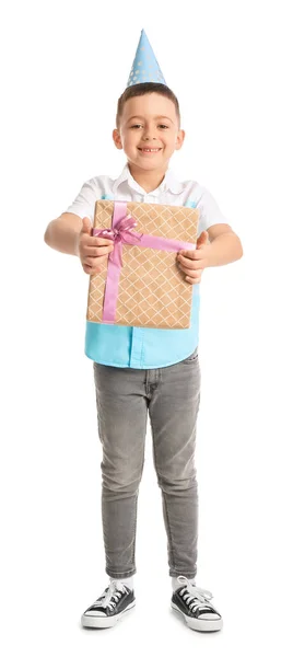 Niño Pequeño Con Presente Sobre Fondo Blanco — Foto de Stock