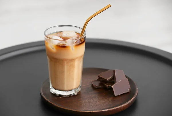 Plate Glass Tasty Iced Coffee Chocolate Table — Stock Photo, Image