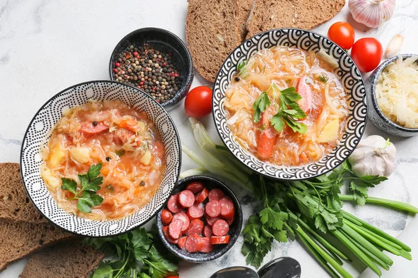 Composition Tasty Sauerkraut Soup Light Background — Stock Photo, Image