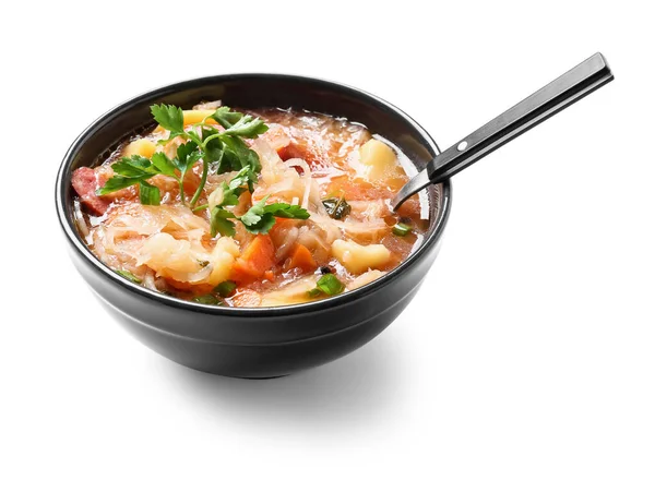 Mangkuk Dengan Sup Sauerkraut Lezat Latar Belakang Putih — Stok Foto