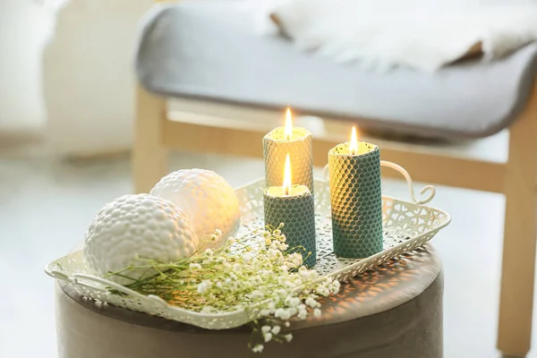 Tray Burning Candles Flowers Pouf Room — Stock Photo, Image