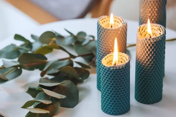 Burning Candles Plant Branch Table Closeup — Stock Photo, Image