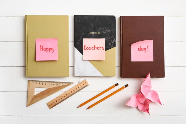 Text Happy Teacher Day Stationery Origami White Wooden Background — Stock Photo, Image