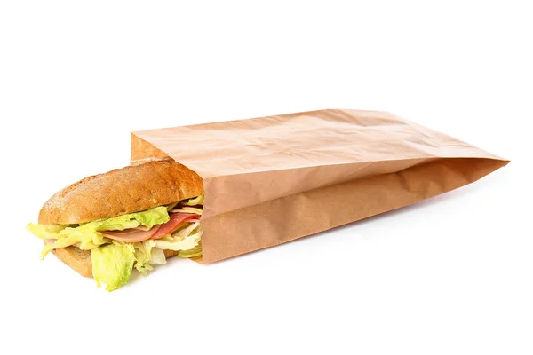 Tasche Mit Leckerem Ciabatta Sandwich Auf Weißem Hintergrund — Stockfoto