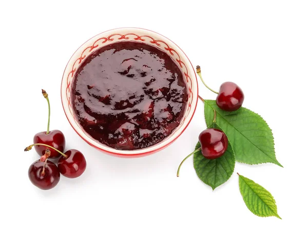 Bowl Tasty Cherry Jam White Background — Stock Photo, Image