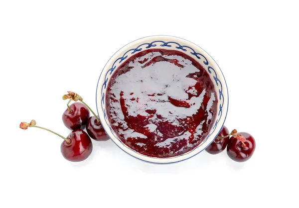Bowl Tasty Cherry Jam White Background — Stock Photo, Image