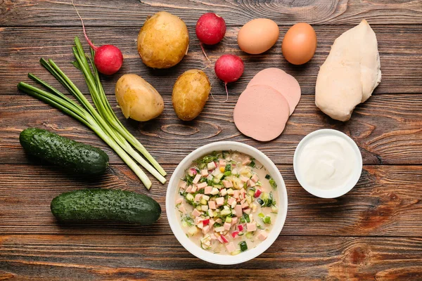 Bowl Tasty Okroshka Ingredients Wooden Background — Stock Photo, Image