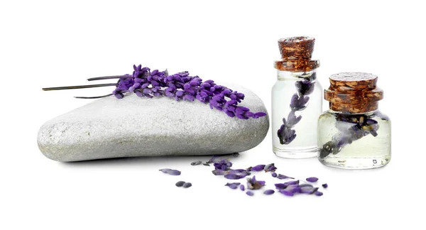 Bottles Lavender Essential Oil Stone Flowers White Background — Stock Photo, Image