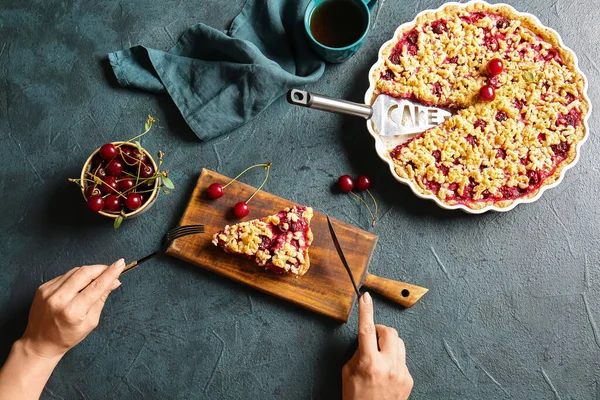 Woman Eating Tasty Cherry Pie Dark Background — Stock Photo, Image