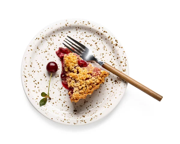 Plate Piece Tasty Cherry Pie White Background — Stock Photo, Image