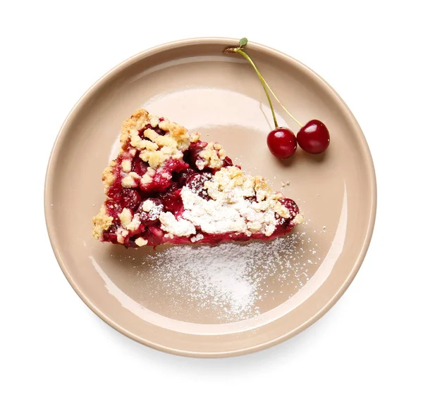 Plate Piece Tasty Cherry Pie White Background — Stock Photo, Image