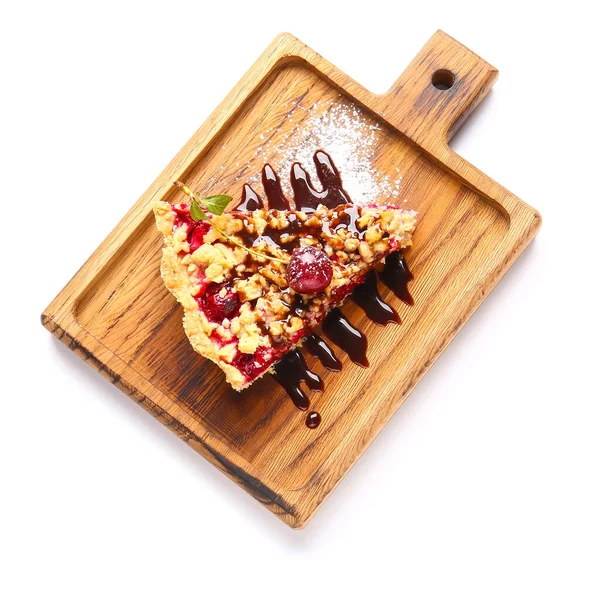 Board Piece Tasty Cherry Pie White Background — Stock Photo, Image