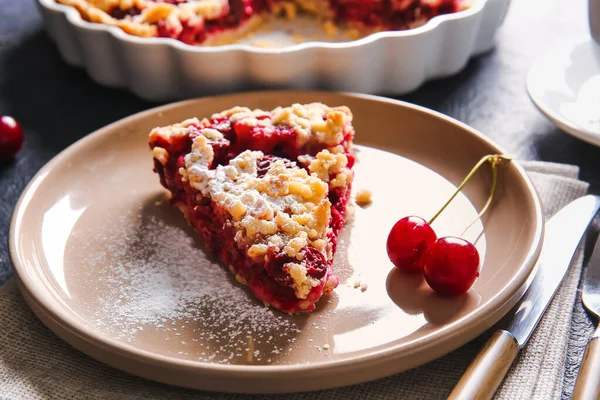 Plate Piece Tasty Cherry Pie Table Closeup — Stock Photo, Image