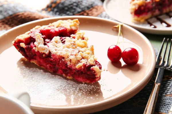 Plate Piece Tasty Cherry Pie Table Closeup — Stock Photo, Image