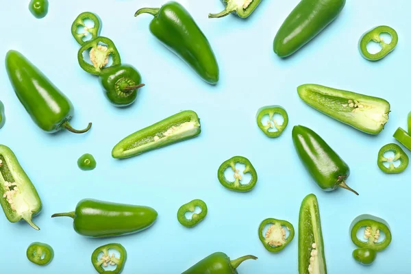 Cut Green Jalapeno Peppers Color Background — Stock Photo, Image