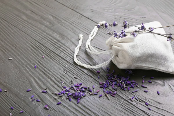 Bag Lavender Flowers Color Wooden Background — Stock Photo, Image