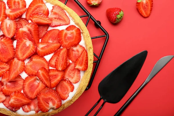 Tasty Strawberry Pie Color Background Closeup — Stock Photo, Image