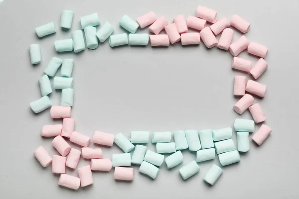 Frame Made Tasty Marshmallows Grey Background — Stock Photo, Image