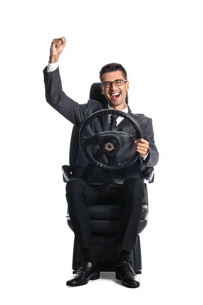 Happy Businessman Car Seat Steering Wheel White Background — Stock Photo, Image