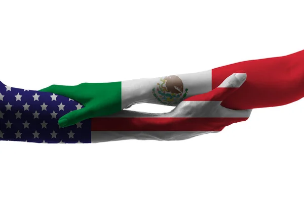 白い背景にメキシコとアメリカの旗の色で描かれた手 — ストック写真