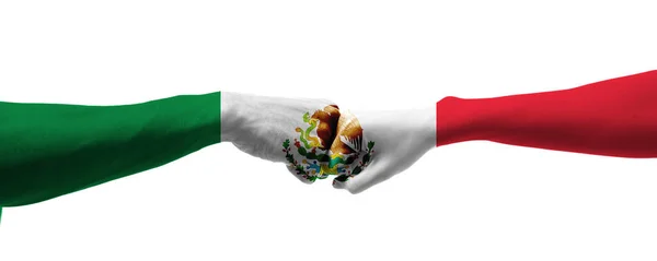 在白色背景上画有墨西哥国旗颜色的手 — 图库照片