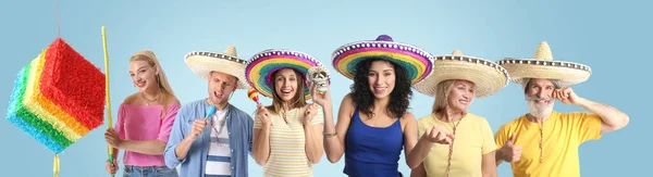 Set of Mexican people on grey background