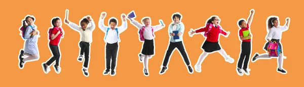 Springen Kleine Schoolkinderen Kleur Achtergrond — Stockfoto