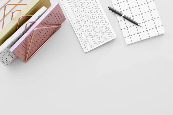 Notebooks Pen Computer Keyboard Light Background — Stock Photo, Image