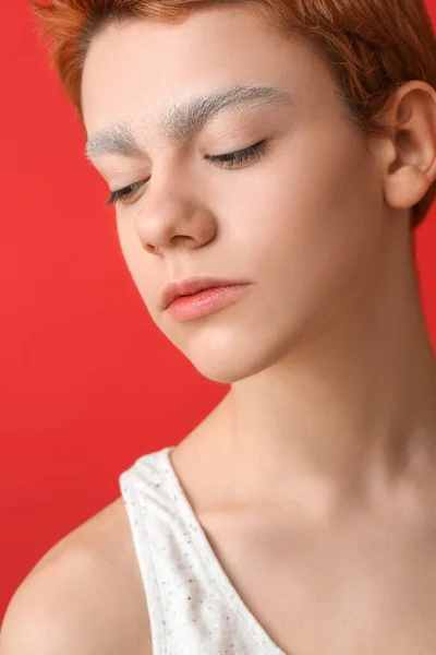 Teenage Boy Dyed Eyebrows Color Background Closeup — Stock Photo, Image