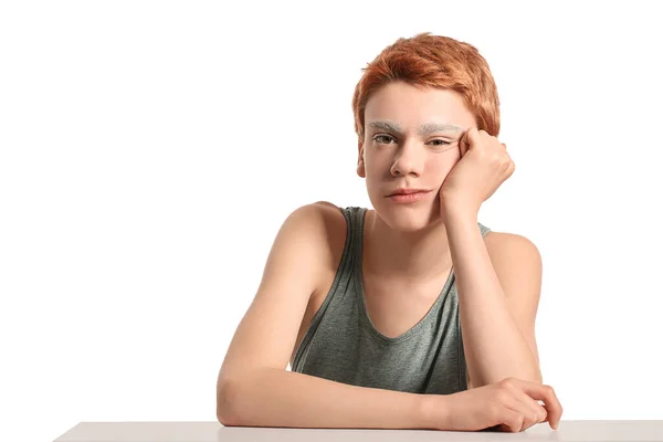 Teenage Boy Dyed Eyebrows White Background — Stock Photo, Image