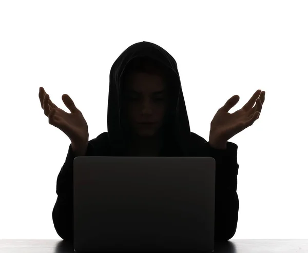 Silhouette Hacker Laptop White Background — Stock Photo, Image